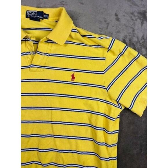 Polo Ralph Lauren Shirt Mens XL Custom Fit Yellow Blue Striped Short Sleeve Pony - Picture 3 of 6